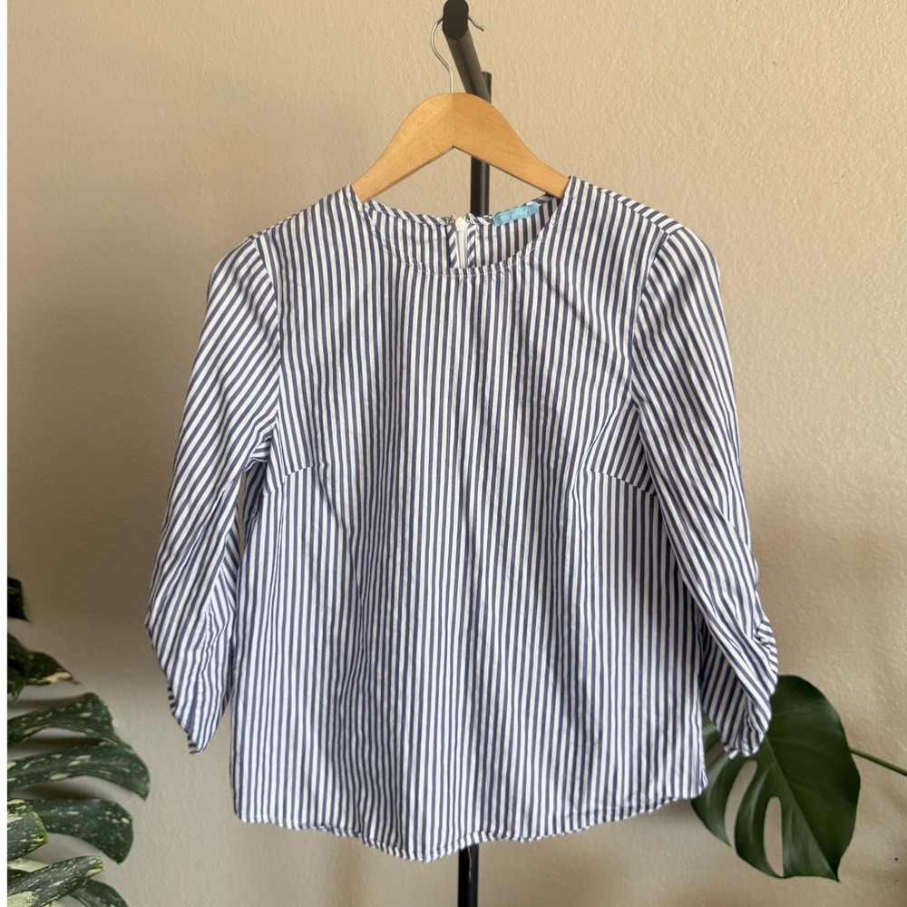 J.McLaughlin Blue White Striped Cotton 3/4 Sleeve Back Zip Blouse Womens Small